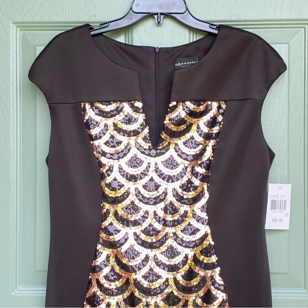 Connected Apparel Little Black Dress Sequin Hourglass Front Cap Sleeve Size 12 - Picture 2 of 4
